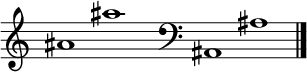 
\new Staff \with
{
  \omit TimeSignature
  fontSize = #2
  \override StaffSymbol.staff-space = #1.25
  \override StaffSymbol.thickness = #1.25
  \override Clef.full-size-change = ##t
  \override BarLine.hair-thickness = #2.4
  \override BarLine.thick-thickness = #7.5
  \override BarLine.kern = #3.75
  \override BarLine.transparent = ##t
}
{
  \time 18/8
  \clef treble
  s8
  ais'1 ais''
  s8
  \grace s8
  \clef bass
  \bar "|"
  s8
  ais,1 ais
  \override Staff.BarLine.transparent = ##f
  \bar "|."
}
