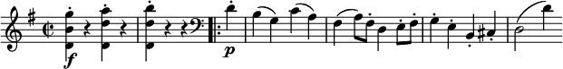 
  \relative g'' {
  \key g \major \time 2/2
  <g b, d,>4-. \f r <a d,d,>-. r
  <b d, d,>4-. r r \bar ".|:" \clef "bass" d,,-. \p
  b4( g) c( a)
  fis4( a8) fis-. d4 e8-. fis-.
  g4-. e-. b-. cis-.
  d2( d'4)
} 