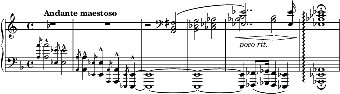  {
\relative c' { \new PianoStaff << \set PianoStaff.connectArpeggios = ##t
\new Staff { \key f \major \tempo "Andante maestoso"
  R1 R r2 \clef F << { <a, c fis>2\(
  \stemDown <bes des g> <ces ees aes> \stemUp <ees ees'>2..\) q16 s1 } \\
  { \stemNeutral s2*3 <aes bes>2\<_\markup\italic{poco rit.} <g bes>\>
  <ees aes ces ees>1\arpeggio\!^\fermata } >>
}
\new Staff { \clef F \key f \major
  \slashedGrace { <a a'>8 } <a a'>2^^ \slashedGrace { <ees ees'>8 } <ees ees'>2^^
  \slashedGrace { <a, a'>8 } <a a'>4^^ \slashedGrace { <ees ees'>8 } <ees ees'>4^^
  \slashedGrace { <a, a'>8 } <a a'>4^^ \slashedGrace { <ees ees'>8 } <ees ees'>4^^~q1~q~
  q4 <fes fes'>8. ( <ges ges'>16 <fes fes'>4 <ees ees'> )
  <aes ees' aes>1\arpeggio_\fermata %
}
>> } }