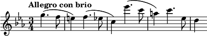 
\new Staff <<
  \relative c''{
  \clef treble
  \key ees \major
  \time 3/4
  \tempo "Allegro con brio" \tempo 2 = 80
  \partial 2 g'4. (f8 e4) f4. (ees8 c4) ees'4. (c8 a4) c4. ees,8 d4
}
>>
