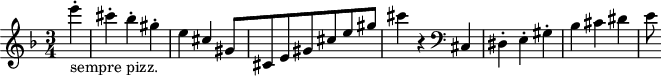 
\header {
  tagline = ##f
}

\score {
  \new Staff \with {

  }
<<
  \relative c'' {
    \clef treble
    \key f \major
    \time 3/4
    \tempo 4 = 155
    %\autoBeamOff
    \set Staff.midiInstrument = #"pizzicato strings"

     %%%%%%%%%%%%%%%%%%%%%%%%%% AB 9-2 th1
     \partial 4 e'4-.-"sempre pizz." cis-. bes-. gis-. e cis[ gis cis,8 e gis cis e gis] cis4 r4 \clef bass cis,,,4 dis-. e-. gis-. bes cis dis e8

  }
>>
  \layout {
    \context { \Score \remove "Metronome_mark_engraver"
    }
  }
  \midi {}
}
