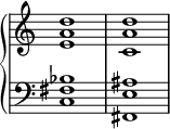  {
\override Score.TimeSignature #'stencil = ##f
\relative c' { \new PianoStaff << 
  \new Staff { \clef treble \time 4/4 <e a d>1 <c a' d>1 } 
  \new Staff { \clef bass \time 4/4 <c, fis bes>1 <fis, e' ais>1 }
>> } }
