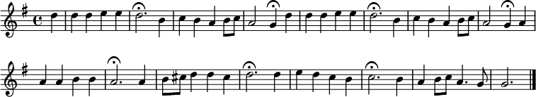 
\new Staff <<
\clef treble
\new Voice = "Soprano"
  { \key g \major \tempo 4=108 \set Staff.midiInstrument = "oboe" {
      \set Score.tempoHideNote = ##t
      \override Score.BarNumber #'transparent = ##t
      \time 4/4
      \relative c'' { \partial 4 d | d4 d e e | d2.\fermata b4 | c b a b8 c | a2 g4\fermata }
      \relative c'' { \partial 4 d | d4 d e e | d2.\fermata b4 | c b a b8 c | a2 g4\fermata }
      \relative c'' {
      a4 | a a b b | a2.\fermata a4 | b8 cis d4 d cis | d2.\fermata d4 | e d c b | c2.\fermata b4 | a b8 c a4. g8 | g2. \bar "|."
      }
    }
  }
>>
