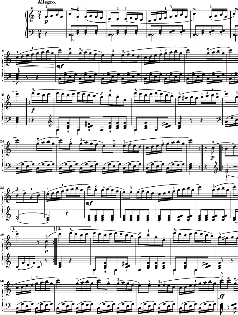 
sVarB = { r4 | << { \voiceOne c8[<e g>_. <e g>_. <e g>_.] | c8[<e g>_. <e g>_. <e g>_.] | c8[<e g>_. <f g>_. <f g>_.] | c8[<e g>_. <f g>_. <f g>_.] | c8[<e g>_. <e g>_. <e g>_.] | c8[<e g>_. <e g>_. <e g>_.] | c8[<e g> <f g> <f g>] | <e g>8 } \new Voice { \voiceTwo c2_5 | c2 | c2 | c2 | c2 | c2 | c2( | c8) } >> \oneVoice r8 r4 | c16([g' e g]) c,([g' e g]) | c,([g' e g]) c,([g' e g]) | c,([g' e g]) c,([g' e g]) | c,([g' e g]) c,([g' e g]) | c,([g' e g]) c,([g' e g]) | c,([g' e g]) c,([g' e g]) | c,([g' e g]) c,([g' f g]) | <c, e g>4 r4 \clef "violin" | << { \voiceOne g'8[<b d g>_4 g <c d fis>_3] } \new Voice { \voiceTwo g4 g } >> | \oneVoice g8[<b d g>_4 <b d g> <b d g>] | << { \voiceOne g8[<b d g> g <c d fis>] } \new Voice { \voiceTwo g4 g } >> | \oneVoice <b d g>8 r r4 \clef "bass" | c,16([g' e g]) c,([g' e g]) | c,16([g' e g]) c,([g' e g]) | c,16([g' e g]) c,([g' f g]) | c,16([g' e g]) c,([g' f g]) | c,16([g' e g]) c,([g' e g]) | c,16([g' e g]) c,([g' e g]) | c,16([g' e g]) c,([g' f g]) | <c, e g>4 r \clef "violin" | \set doubleSlurs = ##t <d' f>2_1_3( | <c e>_2_4) | <d f>( | <c e>) | <d f>( | <c e>4) r \set doubleSlurs = ##f | <c e g>8_.[<c e g>_. <c e g>_. <c e g>_.] | <c e g>_.[<c e g>_. <c e g>_. <c e g>_.] | <c e g>_.[<c e g>_. <c f g>_. <c f g>_.] | 
<c e g>[<c e g> <c f g> <c f g>] | <c e>16([g' e g]) <c, e>([g' e g]) | c,([g' e g]) c,([g' e g]) | c,([g' e g]) c,([g' f g]) | c,([g' e g]) c,8_. r | <c e g>4 r | 
<< { \voiceOne g8[<b d g>_4 g <c d fis>_3] } \new Voice { \voiceTwo g4 g } >> | \oneVoice g8[<b d g> <b d g> <b d g>] | << { \voiceOne g8[<b d g> g <c d fis>] } \new Voice { \voiceTwo g4 g } >> | \oneVoice <b d g>8 r r4 \clef "bass" | c,16([g' e g]) c,([g' e g]) | c,16([g' e g]) c,([g' e g]) | c,16([g' e g]) c,([g' f g]) | c,16([g' e g]) c,([g' f g]) | c,16([g' e g]) c,([g' e g]) | c,16([g' e g]) c,([g' e g]) | c,16([g' e g]) c,([g' f g]) | <c, e g>8 r <c f g> r | <c e g>8 r <c f g> r | <c e g>8 r <c e g> r | <c e g>4 << { \voiceOne \crossStaff { \autoBeamOff g'8 g | <e g>4 } } \new Voice { \voiceTwo c8_1[c] | c,4 } >> }

sVarA = { \partial 4 g16-2\p[a b g] | c8)[g-.-2] \slurDown g16-3([a g f] | e8)[e-.-2] e16-3([f e d] | c[d e f-1] g-2[a b g] | c4->) g16-2([a b g] | 
c8)[g-.-2] g16-3([a g f] | e8)[e-.-2] e16-3([f e d] | c[d e f-1] g[a b g]) | \slurNeutral c-1( \< [d e f-1] g[a b g]\! | c8)\mf[g-.-2] g16-3([a g f] | e8)[e-.-2] e16-3([f e d] | 
c[d e f-1] g-2[a b g] | c4) g16-2([a b g] | c8)[g-.-2] g16-3([a g f] | e8)[e-.-2] e16-3([f e d] | c[d e f-1] g-2[a b g] | c4) \bar "||" \bar ".|:" \repeat volta 2 { d16-4(\f[c b c] | d[c b c] d([c b a] | g8-2)[b-.-4 g-. d-.] d'16-4([c b c] d[c b a]) | g-3([fis g fis] g-1[a-3 b-4 g-2] | c8)[g-.-2] g16-3([a g f] | e8)[e-.-2] e16-3([f e d] | 
c[d e f-1] g[a b g] | c4) g16-2([a b g] | c8)[g-.-2] g16-3([a g f] | e8)[e-.-2] e16-3([f e d] | c[d e f-1] g[a b g] | c4) } r8 c,8-3\p( \repeat volta 2 { \bar ".|:" b[d)g,-1(b-2] | c-1[e-3 g-5)c,-1]( b-2[d-4)g,(b] | c-1[e g)c,-1]( | b-2[d)g,-1(b] | c16-1)([d e f-1] g[a b g] | c8)\mf[g-.-2] g16-3([a g f] | e8)[e-.-2] e16([f e d] | c[d e f-1] g[a b g] |
c4) g16-2([a b g] | c8-.)[g-.-2] g16-3([a g f] | e8)[e-.-2] e16-3([f e d] | c[d e f-1] g[a b g] } \alternative { { c4) r8 c,-3\p( } { c'4) d16-4([c b c] } } | d[c b c] d[c b a] | 
g8-2)[b-.-4 g-. d-.] | d'16-4([c b c] d[c b a]) | g-3([fis g fis] g-1[a-3 b-4 g-2] | c8)[g-.-2] g16-3([a g f] |e8)[e-.-2] e16-3([f e d] | c[d e f-1]g-2[a b g] | c4) g16-2([a b g] | 
c8)[g-.-2] g16-3([a g f] | e8)[e-.-2] e16-3([f e d] c[d e f-1] g[a b g] | c8^>-5)\ff[c^>] g16-2([a b g] | c8^>)[c-.^>] g16([a b g] | <e g c>8) r <g c e> r | <e g c>4 <c, e>8-3-5[<c e>] | c4 \bar "|." }

\paper { #(set-paper-size "a2") oddHeaderMarkup = \evenHeaderMarkup }
\header { tagline = ##f }
\version "2.18.2"
\score {
\midi {  }
\layout { line-width = #300
\context { \PianoStaff \consists #Span_stem_engraver } indent = 2\cm}
\new PianoStaff <<
  \new Staff { \clef 
"violin" \key c \major \time 2/4 \tempo \markup { \bold "Allegro." } \relative f' { \sVarA } }
  \new Staff { \clef "bass" \key c \major \time 2/4 \relative c { \sVarB } }
>> }