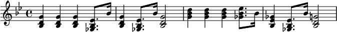 {\key g \minor
\time 4/4
<bes d' g'> <bes d' g'> <bes d' g'> <ges bes ees'>8. bes'16
<bes d' g'>4 <ges bes ees'>8. bes'16 <bes d' g'>2
<g' bes' d''>4 <g' bes' d''>4 <g' bes' d''>4 <ges' bes' ees''>8. bes'16
<bes ees' ges'>4 <ges bes ees'>8. bes'16 <bes d' g'>2
}