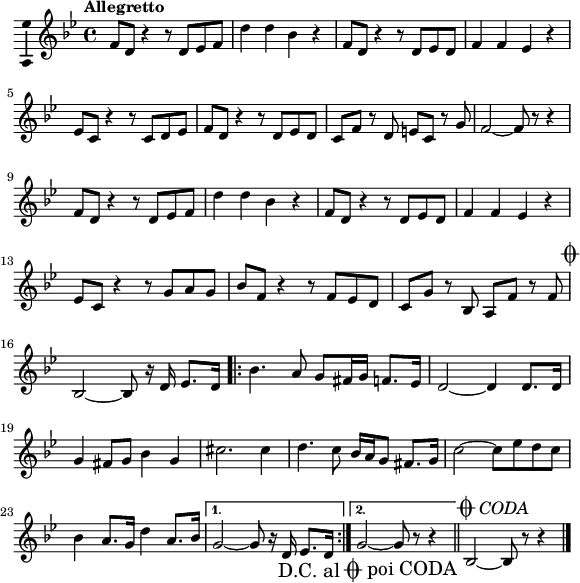 
\version "2.18.2"
\layout { \context { \Voice \consists "Ambitus_engraver" } }
\header { tagline = "" }
\paper {
        paper-width = 160\mm
}
boldogsag = \relative c' { f8 d r4 r8 d es f| d'4 d bes r| f8 d r4 r8 d es d| f4 f es r| }
boldogsagtxt = \lyricmode { Vi -- gyázz, ha jön a bol -- dog -- ság, Vi -- gyázz, so -- ká -- ig nem vár rád, }
eleje = \relative c' {	%{...ha jön a boldogság%} \boldogsag \break
	%{...vagy egy-két napod%} es8 c r4 r8 c d es| f d r4 r8 d es d| c f r d e c r g'| f2 ~ f8 r r4| \break
	%{...ha jön a boldogság%} \boldogsag
	%{...nyisd ki a szemed%} es8 c r4 r8 g' a g| bes f r4 r8 f es d| c g' r bes, a f' r f| }
vege = \relative c' { bes2 ~ bes8 r16
	%{egy villanás%} d es8. d16| \repeat volta 2 { bes'4. a8 g fis16 g f8. es16| d2 ~ d4 d8. d16| g4 fis8 g bes4 g| cis2. 
	%{csak menj a gyönyörű%} cis4| d4. c8 bes16 a g8 fis8. g16| c2 ~ c8 es d c| bes4 a8. g16 d'4 a8. bes16| }
	\alternative { { g2 ~ g8 r16 d es8. d16| } { g2 ~ g8 r r4| } } }
koda = { bes2 ~ bes8 r r4 \bar "|." }
dallam = 
   \relative c' {
      \key g \minor
      \time 4/4
      \set Score.tempoHideNote = ##t \tempo "Allegretto" 4 = 120
      \transposition c'
	\eleje \once \override Score.RehearsalMark.break-visibility = ##(#t #t #f) \mark \markup { \musicglyph #"scripts.coda" } \break 
	\vege \bar "||" 
        \override Score.RehearsalMark.break-visibility = ##(#t #t #f)
        \override Score.RehearsalMark.self-alignment-X = #1
        \override Score.RehearsalMark #'direction = #-1 \mark \markup { \vcenter { "D.C. al" \musicglyph #"scripts.coda" "poi CODA" } }
      }
\score {
   { \dallam <>^\markup { \vcenter { \fontsize #+2 \musicglyph #"scripts.coda" \fontsize #+1 \italic "CODA" } } \koda }
   \header {
     title = "Vigyázz, ha jön a boldogság"
     composer = "Kenneth Alford"
   }
   \layout { indent = 0.0\cm }
}
\score {
   \unfoldRepeats
	{ 
	\set Staff.midiInstrument = "accordion"
	\dallam \eleje \koda 
	}
   \midi { }
}
