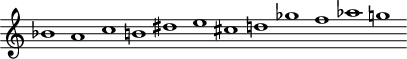 
\version "2.18.2"
\header {
  tagline = ##f
}

\score {
  \new Staff \with {
   \remove "Time_signature_engraver"

  }
<<
  \relative c'' {
    \key c \major
    \time 32/1
    \tempo 1 = 80
    \override TupletBracket #'bracket-visibility = ##f 

     %%%% Webern, série
     bes1 a c b  dis e cis d! ges f aes g!

  }
>>
  \layout {
     \context { \Score \remove "Metronome_mark_engraver" 
      \override SpacingSpanner.common-shortest-duration = #(ly:make-moment 1/2)
}
  }
  \midi {}
}
