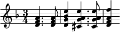  
{ \new Staff   \key d \minor \time 3/4 \partial 2
<d' f' a'>4. <d' f' a'>8 <d' g' bes' e''>4 <cis' g' a' e''>4. <cis' g' a' e''>8 <d' f' a' f''>4 } 
