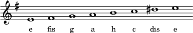 
\relative e' {
\key e \minor
\override Staff.TimeSignature #'stencil = ##f
\cadenzaOn e1 fis g a b c dis e \cadenzaOff
}
\addlyrics { \small {
e fis g a h c dis e
} }
