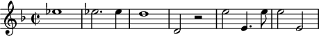 
\header {
  tagline = ##f
}

\score {
  \new Staff \with {

  }
<<
  \relative c'' {
    \key f \major
    \time 2/2
    \tempo 2 = 80
    \override TupletBracket #'bracket-visibility = ##f 
    %\autoBeamOff
    \set Staff.midiInstrument = #"French horn"

     %%%%%%%%%%%%%%%%%%%%%%%%%% AB 3-4 th1
     ees1 ees!2. ees4 d1 d,2 r2 e'2 e,4. e'8 e2 e, 

  }
>>
  \layout {
    \context { \Score \remove "Metronome_mark_engraver"
    }
  }
  \midi {}
}
