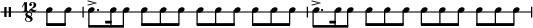 
\header { tagline = ##f }
\score { \new DrumStaff \with { drumStyleTable = #percussion-style \override StaffSymbol #'line-count = #1 \magnifyStaff #5/7 }
  \drummode { 
    \time 12/8
    \tempo 4. = 160 \partial 4 sn8 sn sn8.-> sn16 sn8 sn sn sn sn sn sn sn sn sn
     sn8.-> sn16 sn8 sn sn sn sn sn sn sn sn sn
  } 
\layout { 
  \context { \Score \remove "Metronome_mark_engraver" } 
} 
\midi {} 
}