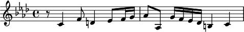 
\header {
  tagline = ##f
}

\score {
  \new Staff \with {

  }
<<
  \relative c' {
    \clef treble
    \key aes \major
    \time 4/4
    \tempo 4 = 70
    \override TupletBracket #'bracket-visibility = ##f 
    %\autoBeamOff
    \set Staff.midiInstrument = #"string ensemble 1"

     %%%%%%%%%%%%%%%%%%%%%%%%%% AB 9-3 th2
     r8 c4 f8 d!4  ees8 f16 g aes8 aes, g'16 f ees des b!4 c
  }
>>
  \layout {
    \context { \Score \remove "Metronome_mark_engraver"
    }
  }
  \midi {}
}
