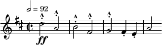 
  \relative c'' { \clef treble \time 2/2 \key d \major \tempo 2 = 92 d2^.^^\ff a^.^^ | b^.^^ fis^.^^ | g^.^^ fis4-. e-. | a2 }
