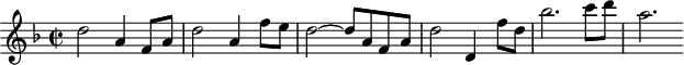 
\header {
  tagline = ##f
}

\score {
  \new Staff \with {

  }
<<
  \relative c'' {
    \clef treble
    \key f \major
    \time 2/2
    \tempo 2 = 75
    %\autoBeamOff
    \set Staff.midiInstrument = #"string ensemble 1"

     %%%%%%%%%%%%%%%%%%%%%%%%%% AB 9-1 th3
     d2 a4 f8 a d2 a4 f'8 e d2~ d8 a f a d2 d,4 f'8 d bes'2. c8 d a2.

  }
>>
  \layout {
    \context { \Score \remove "Metronome_mark_engraver"
    }
  }
  \midi {}
}
