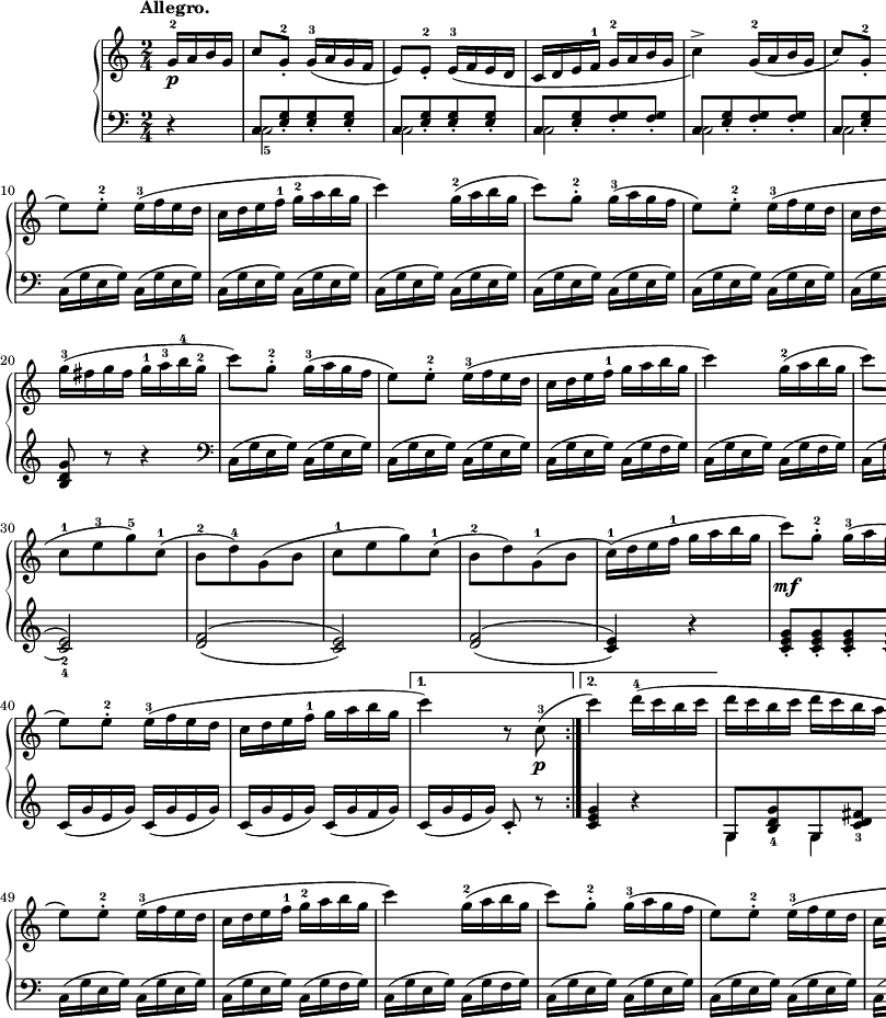 
sVarB = { r4 | << { \voiceOne c8[<e g>_. <e g>_. <e g>_.] | c8[<e g>_. <e g>_. <e g>_.] | c8[<e g>_. <f g>_. <f g>_.] | c8[<e g>_. <f g>_. <f g>_.] | c8[<e g>_. <e g>_. <e g>_.] | c8[<e g>_. <e g>_. <e g>_.] | c8[<e g> <f g> <f g>] | <e g>8 } \new Voice { \voiceTwo c2_5 | c2 | c2 | c2 | c2 | c2 | c2( | c8) } >> \oneVoice r8 r4 | c16([g' e g]) c,([g' e g]) | c,([g' e g]) c,([g' e g]) | c,([g' e g]) c,([g' e g]) | c,([g' e g]) c,([g' e g]) | c,([g' e g]) c,([g' e g]) | c,([g' e g]) c,([g' e g]) | c,([g' e g]) c,([g' f g]) | <c, e g>4 r4 \clef "violin" | << { \voiceOne g'8[<b d g>_4 g <c d fis>_3] } \new Voice { \voiceTwo g4 g } >> | \oneVoice g8[<b d g>_4 <b d g> <b d g>] | << { \voiceOne g8[<b d g> g <c d fis>] } \new Voice { \voiceTwo g4 g } >> | \oneVoice <b d g>8 r r4 \clef "bass" | c,16([g' e g]) c,([g' e g]) | c,16([g' e g]) c,([g' e g]) | c,16([g' e g]) c,([g' f g]) | c,16([g' e g]) c,([g' f g]) | c,16([g' e g]) c,([g' e g]) | c,16([g' e g]) c,([g' e g]) | c,16([g' e g]) c,([g' f g]) | <c, e g>4 r \clef "violin" | \set doubleSlurs = ##t <d' f>2_1_3( | <c e>_2_4) | <d f>( | <c e>) | <d f>( | <c e>4) r \set doubleSlurs = ##f | <c e g>8_.[<c e g>_. <c e g>_. <c e g>_.] | <c e g>_.[<c e g>_. <c e g>_. <c e g>_.] | <c e g>_.[<c e g>_. <c f g>_. <c f g>_.] | 
<c e g>[<c e g> <c f g> <c f g>] | <c e>16([g' e g]) <c, e>([g' e g]) | c,([g' e g]) c,([g' e g]) | c,([g' e g]) c,([g' f g]) | c,([g' e g]) c,8_. r | <c e g>4 r | 
<< { \voiceOne g8[<b d g>_4 g <c d fis>_3] } \new Voice { \voiceTwo g4 g } >> | \oneVoice g8[<b d g> <b d g> <b d g>] | << { \voiceOne g8[<b d g> g <c d fis>] } \new Voice { \voiceTwo g4 g } >> | \oneVoice <b d g>8 r r4 \clef "bass" | c,16([g' e g]) c,([g' e g]) | c,16([g' e g]) c,([g' e g]) | c,16([g' e g]) c,([g' f g]) | c,16([g' e g]) c,([g' f g]) | c,16([g' e g]) c,([g' e g]) | c,16([g' e g]) c,([g' e g]) | c,16([g' e g]) c,([g' f g]) | <c, e g>8 r <c f g> r | <c e g>8 r <c f g> r | <c e g>8 r <c e g> r | <c e g>4 << { \voiceOne \crossStaff { \autoBeamOff g'8 g | <e g>4 } } \new Voice { \voiceTwo c8_1[c] | c,4 } >> }

sVarA = { \partial 4 g16-2\p[a b g] | c8)[g-.-2] \slurDown g16-3([a g f] | e8)[e-.-2] e16-3([f e d] | c[d e f-1] g-2[a b g] | c4->) g16-2([a b g] | 
c8)[g-.-2] g16-3([a g f] | e8)[e-.-2] e16-3([f e d] | c[d e f-1] g[a b g]) | \slurNeutral c-1( \< [d e f-1] g[a b g]\! | c8)\mf[g-.-2] g16-3([a g f] | e8)[e-.-2] e16-3([f e d] | 
c[d e f-1] g-2[a b g] | c4) g16-2([a b g] | c8)[g-.-2] g16-3([a g f] | e8)[e-.-2] e16-3([f e d] | c[d e f-1] g-2[a b g] | c4) \bar "||" \bar ".|:" \repeat volta 2 { d16-4(\f[c b c] | d[c b c] d([c b a] | g8-2)[b-.-4 g-. d-.] d'16-4([c b c] d[c b a]) | g-3([fis g fis] g-1[a-3 b-4 g-2] | c8)[g-.-2] g16-3([a g f] | e8)[e-.-2] e16-3([f e d] | 
c[d e f-1] g[a b g] | c4) g16-2([a b g] | c8)[g-.-2] g16-3([a g f] | e8)[e-.-2] e16-3([f e d] | c[d e f-1] g[a b g] | c4) } r8 c,8-3\p( \repeat volta 2 { \bar ".|:" b[d)g,-1(b-2] | c-1[e-3 g-5)c,-1]( b-2[d-4)g,(b] | c-1[e g)c,-1]( | b-2[d)g,-1(b] | c16-1)([d e f-1] g[a b g] | c8)\mf[g-.-2] g16-3([a g f] | e8)[e-.-2] e16([f e d] | c[d e f-1] g[a b g] |
c4) g16-2([a b g] | c8-.)[g-.-2] g16-3([a g f] | e8)[e-.-2] e16-3([f e d] | c[d e f-1] g[a b g] } \alternative { { c4) r8 c,-3\p( } { c'4) d16-4([c b c] } } | d[c b c] d[c b a] | 
g8-2)[b-.-4 g-. d-.] | d'16-4([c b c] d[c b a]) | g-3([fis g fis] g-1[a-3 b-4 g-2] | c8)[g-.-2] g16-3([a g f] |e8)[e-.-2] e16-3([f e d] | c[d e f-1]g-2[a b g] | c4) g16-2([a b g] | 
c8)[g-.-2] g16-3([a g f] | e8)[e-.-2] e16-3([f e d] c[d e f-1] g[a b g] | c8^>-5)\ff[c^>] g16-2([a b g] | c8^>)[c-.^>] g16([a b g] | <e g c>8) r <g c e> r | <e g c>4 <c, e>8-3-5[<c e>] | c4 \bar "|." }

\paper { #(set-paper-size "a2") oddHeaderMarkup = \evenHeaderMarkup }
\header { tagline = ##f }
\version "2.18.2"
\score {
\midi {  }
\layout { line-width = #360
\context { \PianoStaff \consists #Span_stem_engraver } indent = 2\cm}
\new PianoStaff <<
  \new Staff { \clef 
"violin" \key c \major \time 2/4 \tempo \markup { \bold "Allegro." } \relative f' { \sVarA } }
  \new Staff { \clef "bass" \key c \major \time 2/4 \relative c { \sVarB } }
>> }