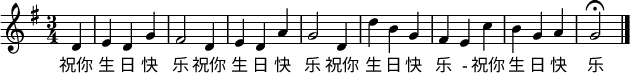 
  \relative g' {
    \key g \major \time 3/4
    \partial 4 d
     e d g
     fis2 d4
     e d a'
     g2 d4
     d' b g
     fis e c'
     b g a
     g2 \fermata
     \bar "|."
   }
   \addlyrics {
     祝你 生 日 快 乐
     祝你 生 日 快 乐
     祝你 生 日 快 乐 -
     祝你 生 日 快 乐
   }
  