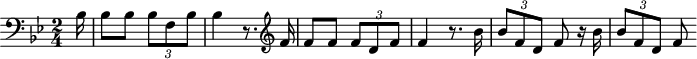 
\header {
  tagline = ##f
}

\score {
  \new Staff \with {

  }
<<
  \relative c'' {
    \clef treble
    \key bes \major
    \time 2/4
    \tempo 2 = 58
    \override TupletBracket #'bracket-visibility = ##f 
    %\autoBeamOff
    \set Staff.midiInstrument = #"French horn"

     %%%%%%%%%%%%%%%%%%%%%%%%%% AB 4-2 th1

     \partial 16 \clef bass bes,16 bes8 bes \times 2/3 { bes8 f bes } bes4 r8.
     \clef treble f'16 f8 f \times 2/3 { f8 d f } f4 r8.
     bes16 \times 2/3 { bes8 f d } f8 r16 bes16 \times 2/3 { bes8 f d } f
  }
>>
  \layout {
    \context { \Score \remove "Metronome_mark_engraver"
    }
  }
  \midi {}
}
