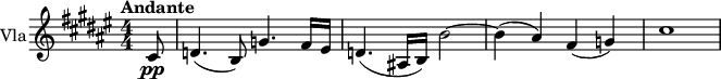  \relative c' { \set Staff.instrumentName = #"Vla" \set Staff.midiInstrument = #"viola" \clef treble \key fis \major \numericTimeSignature \time 4/4 \tempo "Andante" \partial 8*1 cis8\pp | d4.( b8) g'4. fis16 eis | d4.( ais!16 b) b'2~ | b4( ais) fis( g) | cis1 } 