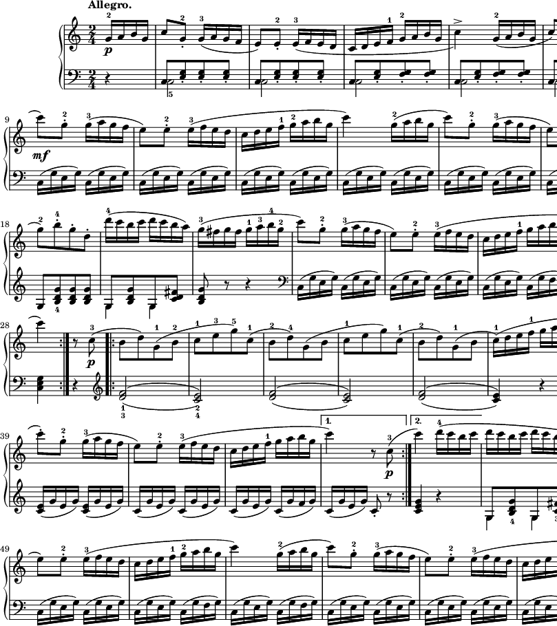 
sVarB = { r4 | << { \voiceOne c8[<e g>_. <e g>_. <e g>_.] | c8[<e g>_. <e g>_. <e g>_.] | c8[<e g>_. <f g>_. <f g>_.] | c8[<e g>_. <f g>_. <f g>_.] | c8[<e g>_. <e g>_. <e g>_.] | c8[<e g>_. <e g>_. <e g>_.] | c8[<e g> <f g> <f g>] | <e g>8 } \new Voice { \voiceTwo c2_5 | c2 | c2 | c2 | c2 | c2 | c2( | c8) } >> \oneVoice r8 r4 | c16([g' e g]) c,([g' e g]) | c,([g' e g]) c,([g' e g]) | c,([g' e g]) c,([g' e g]) | c,([g' e g]) c,([g' e g]) | c,([g' e g]) c,([g' e g]) | c,([g' e g]) c,([g' e g]) | c,([g' e g]) c,([g' f g]) | <c, e g>4 r4 \clef "violin" | << { \voiceOne g'8[<b d g>_4 g <c d fis>_3] } \new Voice { \voiceTwo g4 g } >> | \oneVoice g8[<b d g>_4 <b d g> <b d g>] | << { \voiceOne g8[<b d g> g <c d fis>] } \new Voice { \voiceTwo g4 g } >> | \oneVoice <b d g>8 r r4 \clef "bass" | c,16([g' e g]) c,([g' e g]) | c,16([g' e g]) c,([g' e g]) | c,16([g' e g]) c,([g' f g]) | c,16([g' e g]) c,([g' f g]) | c,16([g' e g]) c,([g' e g]) | c,16([g' e g]) c,([g' e g]) | c,16([g' e g]) c,([g' f g]) | <c, e g>4 r \clef "violin" | \set doubleSlurs = ##t <d' f>2_1_3( | <c e>_2_4) | <d f>( | <c e>) | <d f>( | <c e>4) r \set doubleSlurs = ##f | <c e g>8_.[<c e g>_. <c e g>_. <c e g>_.] | <c e g>_.[<c e g>_. <c e g>_. <c e g>_.] | <c e g>_.[<c e g>_. <c f g>_. <c f g>_.] | 
<c e g>[<c e g> <c f g> <c f g>] | <c e>16([g' e g]) <c, e>([g' e g]) | c,([g' e g]) c,([g' e g]) | c,([g' e g]) c,([g' f g]) | c,([g' e g]) c,8_. r | <c e g>4 r | 
<< { \voiceOne g8[<b d g>_4 g <c d fis>_3] } \new Voice { \voiceTwo g4 g } >> | \oneVoice g8[<b d g> <b d g> <b d g>] | << { \voiceOne g8[<b d g> g <c d fis>] } \new Voice { \voiceTwo g4 g } >> | \oneVoice <b d g>8 r r4 \clef "bass" | c,16([g' e g]) c,([g' e g]) | c,16([g' e g]) c,([g' e g]) | c,16([g' e g]) c,([g' f g]) | c,16([g' e g]) c,([g' f g]) | c,16([g' e g]) c,([g' e g]) | c,16([g' e g]) c,([g' e g]) | c,16([g' e g]) c,([g' f g]) | <c, e g>8 r <c f g> r | <c e g>8 r <c f g> r | <c e g>8 r <c e g> r | <c e g>4 << { \voiceOne \crossStaff { \autoBeamOff g'8 g | <e g>4 } } \new Voice { \voiceTwo c8_1[c] | c,4 } >> }

sVarA = { \partial 4 g16-2\p[a b g] | c8)[g-.-2] \slurDown g16-3([a g f] | e8)[e-.-2] e16-3([f e d] | c[d e f-1] g-2[a b g] | c4->) g16-2([a b g] | 
c8)[g-.-2] g16-3([a g f] | e8)[e-.-2] e16-3([f e d] | c[d e f-1] g[a b g]) | \slurNeutral c-1( \< [d e f-1] g[a b g]\! | c8)\mf[g-.-2] g16-3([a g f] | e8)[e-.-2] e16-3([f e d] | 
c[d e f-1] g-2[a b g] | c4) g16-2([a b g] | c8)[g-.-2] g16-3([a g f] | e8)[e-.-2] e16-3([f e d] | c[d e f-1] g-2[a b g] | c4) \bar "||" \bar ".|:" \repeat volta 2 { d16-4(\f[c b c] | d[c b c] d([c b a] | g8-2)[b-.-4 g-. d-.] d'16-4([c b c] d[c b a]) | g-3([fis g fis] g-1[a-3 b-4 g-2] | c8)[g-.-2] g16-3([a g f] | e8)[e-.-2] e16-3([f e d] | 
c[d e f-1] g[a b g] | c4) g16-2([a b g] | c8)[g-.-2] g16-3([a g f] | e8)[e-.-2] e16-3([f e d] | c[d e f-1] g[a b g] | c4) } r8 c,8-3\p( \repeat volta 2 { \bar ".|:" b[d)g,-1(b-2] | c-1[e-3 g-5)c,-1]( b-2[d-4)g,(b] | c-1[e g)c,-1]( | b-2[d)g,-1(b] | c16-1)([d e f-1] g[a b g] | c8)\mf[g-.-2] g16-3([a g f] | e8)[e-.-2] e16([f e d] | c[d e f-1] g[a b g] |
c4) g16-2([a b g] | c8-.)[g-.-2] g16-3([a g f] | e8)[e-.-2] e16-3([f e d] | c[d e f-1] g[a b g] } \alternative { { c4) r8 c,-3\p( } { c'4) d16-4([c b c] } } | d[c b c] d[c b a] | 
g8-2)[b-.-4 g-. d-.] | d'16-4([c b c] d[c b a]) | g-3([fis g fis] g-1[a-3 b-4 g-2] | c8)[g-.-2] g16-3([a g f] |e8)[e-.-2] e16-3([f e d] | c[d e f-1]g-2[a b g] | c4) g16-2([a b g] | 
c8)[g-.-2] g16-3([a g f] | e8)[e-.-2] e16-3([f e d] c[d e f-1] g[a b g] | c8^>-5)\ff[c^>] g16-2([a b g] | c8^>)[c-.^>] g16([a b g] | <e g c>8) r <g c e> r | <e g c>4 <c, e>8-3-5[<c e>] | c4 \bar "|." }

\paper { #(set-paper-size "a2") oddHeaderMarkup = \evenHeaderMarkup }
\header { tagline = ##f }
\version "2.18.2"
\score {
\midi {  }
\layout { line-width = #340
\context { \PianoStaff \consists #Span_stem_engraver } indent = 2\cm}
\new PianoStaff <<
  \new Staff { \clef 
"violin" \key c \major \time 2/4 \tempo \markup { \bold "Allegro." } \relative f' { \sVarA } }
  \new Staff { \clef "bass" \key c \major \time 2/4 \relative c { \sVarB } }
>> }