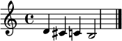 \relative c' { \set Staff.midiInstrument = "trombone" d cis c b2 \bar "|."}