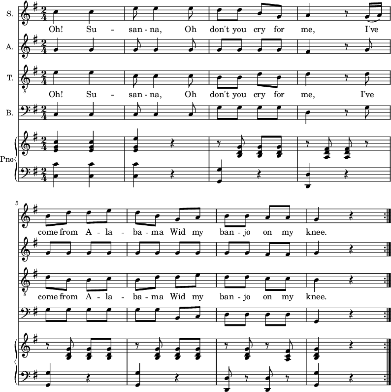 
<<
  \new Staff \with {
    instrumentName = "S."
  } {
    \relative c'' {
      \key g \major
      \numericTimeSignature
      \time 2/4
      \dynamicUp
      \repeat volta 2 {
        c4 c
        e8 e4 e8
        d d b g
        a4 r8 g16( a)
        \break
        b8 d d e
        d b g a
        b b a a g4 r
      }
  } }
  \addlyrics {
    \lyricmode {
      Oh! Su -- san -- na, Oh don't you cry for me,
      I've come from A -- la -- ba -- ma
      Wid my ban -- jo on my knee.
  } }
  \new Staff \with {
    instrumentName = "A."
  } {
    \relative c' {
      \key g \major
      \numericTimeSignature
      \time 2/4
      \dynamicUp
      \repeat volta 2 {
        g'4 g
        g8 g4 g8
        g g g g
        fis4 r8 g
        \break
        g g g g
        g g g g
        g g fis fis
        g4 r
      }
  } }
  \new Staff \with {
    instrumentName = "T."
  } {
    \clef "treble_8" \relative c' {
      \key g \major
      \numericTimeSignature
      \time 2/4
      \dynamicUp
      \repeat volta 2 {
        e4 e
        c8 c4 c8
        b b d b
        d4 r8 d
        \break
        d b b c
        b d d e
        d d c c
        b4 r
      }
  } }
  \addlyrics {
    \lyricmode {
      Oh! Su -- san -- na, Oh don't you cry for me,
      I've come from A -- la -- ba -- ma
      Wid my ban -- jo on my knee.
  } }
  \new Staff \with {
    instrumentName = "B."
  } {
    \clef bass \relative c {
      \key g \major
      \numericTimeSignature
      \time 2/4
      \dynamicUp
      \repeat volta 2 {
        c4 c
        c8 c4 c8
        g' g g g
        d4 r8 g
        \break
        g g g g
        g g b, c
        d d d d
        g,4 r
      }
  } }
  \new PianoStaff \with {
    instrumentName = "Pno"
  } <<
    \new Staff = "right" \with {
      midiInstrument = "acoustic grand"
    } \relative c'' {
      \key g \major
      \numericTimeSignature
      \time 2/4
      \repeat volta 2 {
        <e, g c>4 <e g c>
        <e g e'> r
        r8 <b d g> <b d g> <b d g>
        r <a d fis> <a d fis> r
        \break
        r8 <b d g> <b d g> <b d g>
        r <b d g> <b d g> <b d g>
        r <b d g> r <a c fis>
        <b d g>4 r
      }
    }
    \new Staff = "left" \with {
      midiInstrument = "acoustic grand"
    } {
      \clef bass \relative c' {
        \key g \major
        \numericTimeSignature
        \time 2/4
        \repeat volta 2 {
          <c, c'>4 <c c'>
          <c c'> r
          <g g'> r
          <d d'> r
          \break
          <g g'> r
          <g g'> r
          <d d'>8 r <d d'> r
          <g g'>4 r
        }
    } }
  >>
>>
