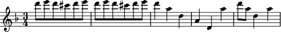 
\header {
  tagline = ##f
}

\score {
  \new Staff \with {

  }
<<
  \relative c'' {
    \key f \major
    \time 3/4
    \tempo 4 = 140
    \override TupletBracket #'bracket-visibility = ##f 
    %\autoBeamOff
    \set Staff.midiInstrument = #"string ensemble 1"

     %% AB 3-3 th1
     d'8e d cis d e d e d cis d e d4 a d, a d, a'' d8 a d,4 a'

  }
>>
  \layout {
    \context { \Score \remove "Metronome_mark_engraver"
    }
  }
  \midi {}
}
