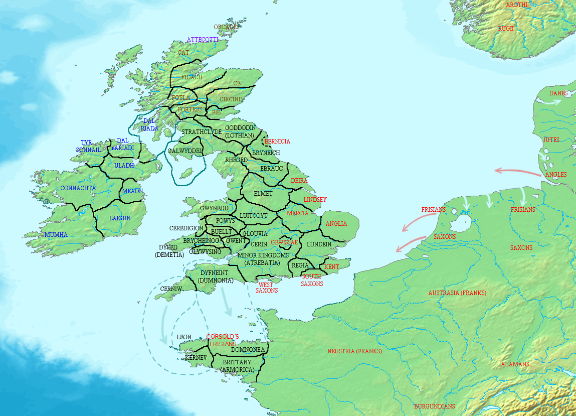 Carte présentant la Dumnonia zu nord de la Manche et la Domnonée au sud.