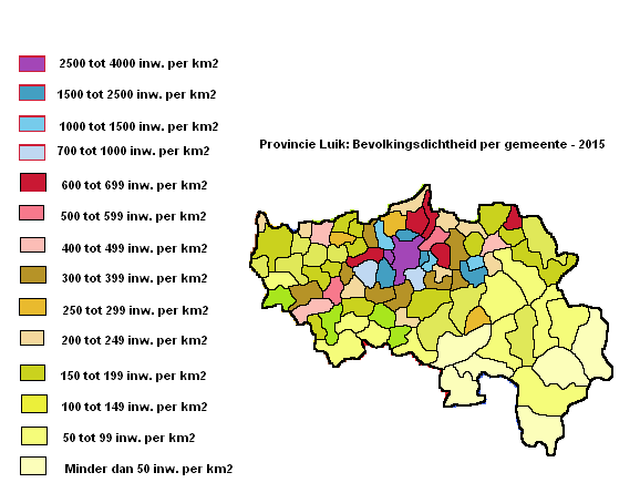 Provincie Luik: Bevolkingsdichtheid per gemeente - 2015