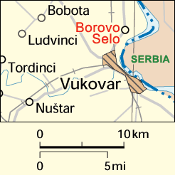 Borovo Selon sijainti lähellä Vukovarin kaupunkia ja Kroatian ja Serbian rajaa.