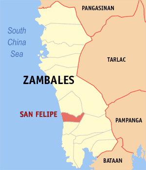 Mapa han Zambales nga nagpapakita han kahamutang han San Felipe