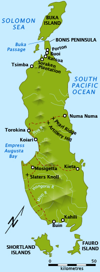 A map of Bougainville Island, indicating the location of several key battles in the campaign