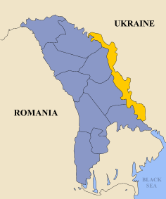Transnistrien markeret med gult; Moldova med blågrå
