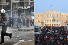 double photographie couleurs : à gauche, un membre des forces de l'ordre casqué avec un bouclier devant une foule ; à droite une foule devant un bâtiment jaune