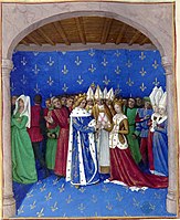 Karlos I.a Nafarroakoaren eta Maria Luxenburgokoaren ezteiak, Grandes Chroniques de France liburuko miniatura, 1455-1460 aldean.