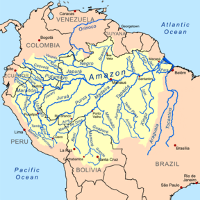 Kaart van die Amasonerivier-bekken in Suid-Amerika.
