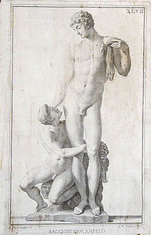 Gravure représentant un homme nu debout, et un autre plus jeune accroupi et tourné vers lui.