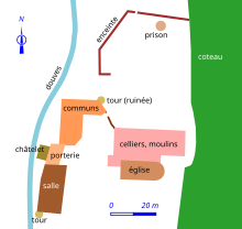 Plan légendé en couleurs des bâtiments d'un domaine.