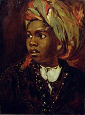 Peinture. Enfant noir, la tête moitié tournée vers sa droite, habillé avec soin en noir avec un corsage blanc, avec une coiffe multicolore.