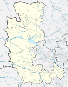 Mapa konturowa powiatu gliwickiego, w centrum znajduje się punkt z opisem „Pyskowice”