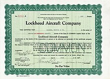 Stock certificate of the Lockheed Aircraft Company for 100 shares, issued June 10, 1929, signed in original by company founder Allan H. Loughead as Vice President
