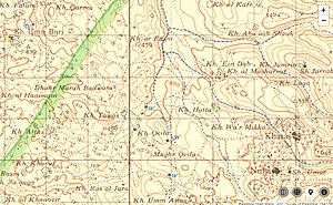 Old map showing ruin of Keilah (Kh. Qeila) in relation to Green Line