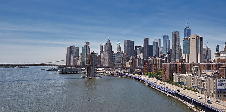 FDR Drive Elevated Section with Brooklyn Bridge. View from Manhattan Bridge walkway.