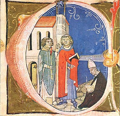 Chronicon Pictum, Hungarian, Hungary, Buda, King Charles Robert, church, Nicola Boccasini, Pope Benedict XI, interdict, Buda priests, curse, medieval, chronicle, book, illumination, illustration, history