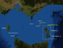 Mapo de la Bass Strait inklude ĉefajn insularojn