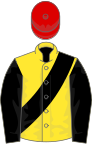 Yellow, black sash and sleeves, red cap