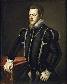 Felipe II da Espanha usando um gibão preto. 1550