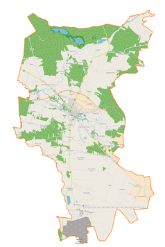 Mapa konturowa gminy Szczerców, u góry nieco na lewo znajduje się punkt z opisem „Szczercowska Wieś”