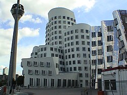 The Rheinturm tower and Neuer Zollhof buildings