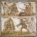 Rétiaire, mosaïque romaine, époque tardive, Astyanax contre Kalendio