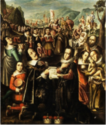 Le culte de Marie Auxiliatrice représenté par Paul Honegger. Au premier plan, on reconnaît Léopold V et son épouse Claude de Médicis.